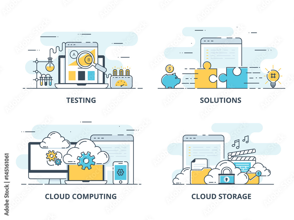 Poster modern flat color line designed concepts icons for testing, solution, cloud computing and cloud stor