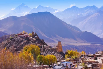 Cercles muraux Dhaulagiri Jhong local village with old buddhist monastery at Muktinath valley with Dhaulagiri mountain summit on the background, horizontal view, Nepal, Annapurna Circuit  Himalaya  Asia