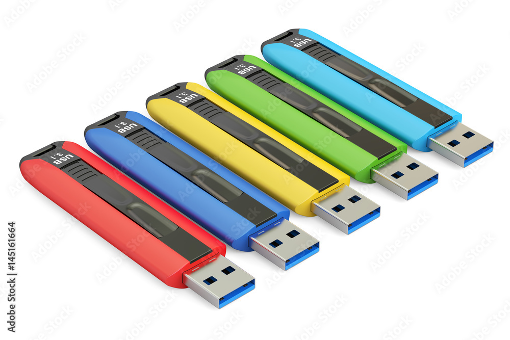 Poster set of colored usb flash drives 3.1, 3d rendering