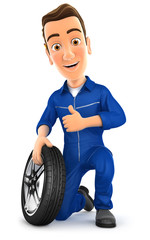 3d mechanic with tire and thumb up - obrazy, fototapety, plakaty
