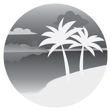 Flat vector icon with palm trees. Tropical beach, sunset, vector illustration. Black and white image