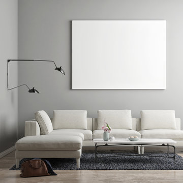 White poster in Scandinavian living room, 3d illustration