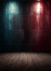 abstract interior room with colored spot lights and wooden floor.