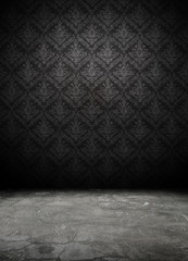 dark interior room with baroque wallpaper.