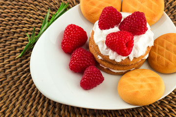 Fresh Red Raspberries on a white artistic plate / Red Fresh Raspberries on a white artistic plate with cookies, rosemary, chocolate and cream in the background.