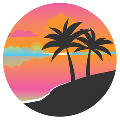 Black silhouette of a palm tree in a circle at sunset. Flat vector icon for design works. Icon with a tropical island - 145164009