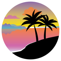 Black silhouette of a palm tree in a circle at sunset. Flat vector icon for design works. Icon with a tropical island - 145164220