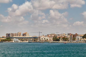 Obraz premium View of the embankment and the historic center of Cartagena from the Mediterranean Sea. Murcia, Spain.
