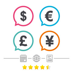 Dollar, Euro, Pound and Yen currency icons.