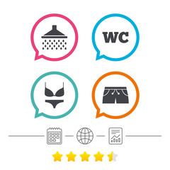 Swimming pool icons. Shower and swimwear signs.