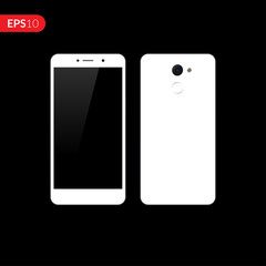 Smartphone, mobile phone on isolated black background, Photo realistic vector illustrations modern phone with white color. Front and back view mockup template.