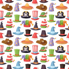 Different funny hats for party and holidays masquerade vector seamless pattern