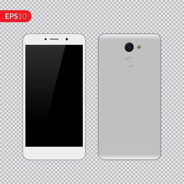 Smartphone, mobile phone on isolated transparent background, Photo realistic vector illustrations modern phone with grey color. Front and back view mockup template.