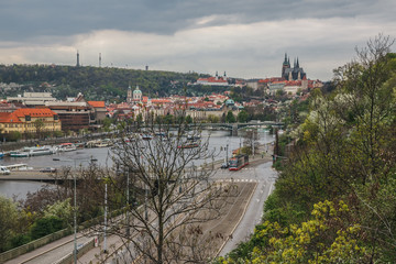 Panorama of Prague`s bridges from Letensky gardens