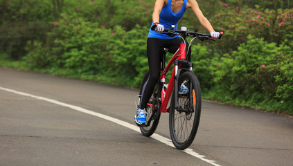 Naklejka premium cyclist riding mountain bike on foggy forest trail