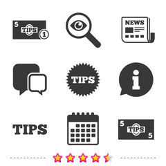 Tips icons. Cash with coin money symbol.