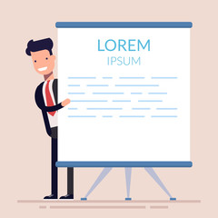 Concept of seminar, training, workshop. Manager or businessman points to flip chart. Flat character isolated on background. Lorem ipsum. Vector illustration.