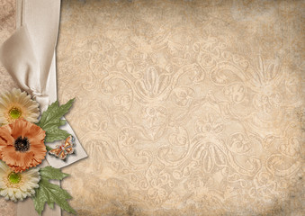 Vintage background with a border of ribbon and flowers