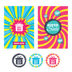 50 percent sale gift box tag sign icon.