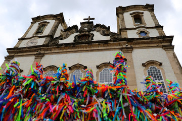Nosso Senhor do Bonfim Church, a catholic place located in Salvador, Bahia in Brazil. Famous touristic place where people make wishes while tie the colorful ribbons in front of the church. 
