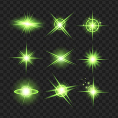 Green Glowing lights star on black transparent background. Vector illustration