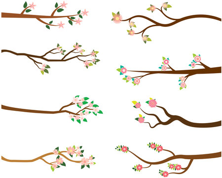Stylized vector tree branches with green leaves and pink blooming flowers for spring and summer designs