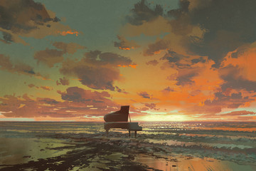 surreal painting of melting black piano on the beach at sunset, illustration art
