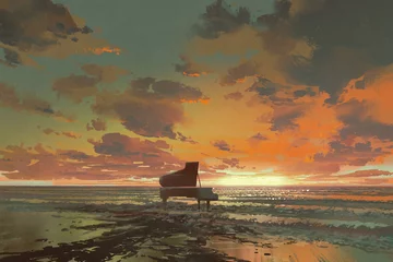  surreal painting of melting black piano on the beach at sunset, illustration art © grandfailure