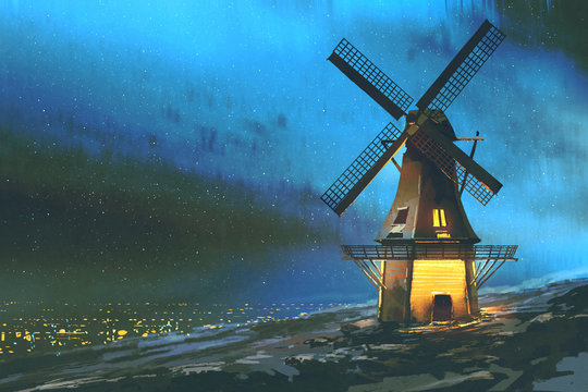 digital art of night scenery with the windmill on the mountain in winter, illustration painting