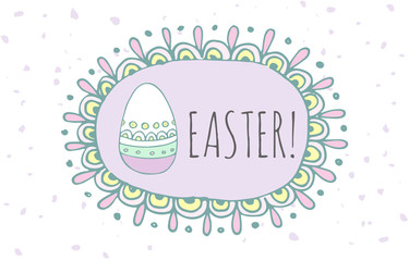 Hand drawn doodle Easter egg icon with funny decoration frame, vector illustration Spring bunny symbols collection Cartoon decoration element: egg, rabbit, basket, bunny  hunt, hearts, boarders
