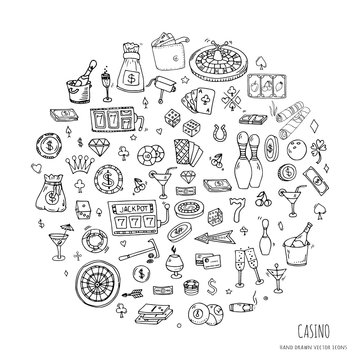 Hand drawn doodle set of Casino icons. Vector illustration set. Cartoon Gambling symbols. Sketchy game elements collection: bet, jackpot, cards, chips, coins, darts, roulette, poker, money, slot.