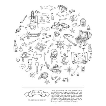 Hand drawn doodle Pirate icons set Vector illustration pirate symbols collection Cartoon piracy concept elements Pirate hat Treasure chest Black flag Skull Crossbones Compass Pirate costume elements