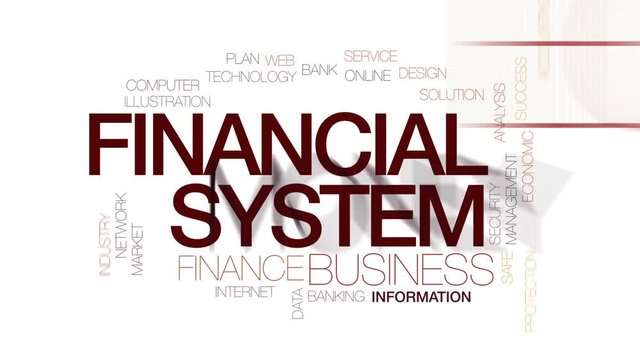 Financial system animated word cloud, text design animation. Kinetic typography.