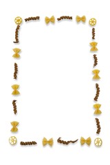 Various pasta arranged on white background