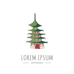 Hand drawn doodle Japan related icon. Vector illustration. Sketch style pagoda. Japanese element: temple, ancient building, architecture, buddhism religious symbol, colorful, green, red colors