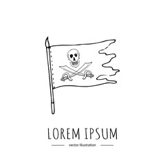 Hand drawn doodle Pirates related icon - black sea flag with skull and crossbones. Vector illustration Cartoon piracy concept. Jolly roger symbol isolated on white background, vintage, maritime