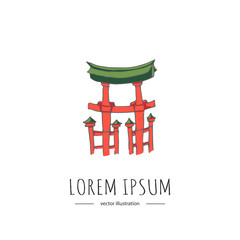 Hand drawn doodle Japan related icon. Vector illustration. Sketch style architecture element. Miyajima, The famous Floating Torii gate, Japanese colorful red symbol on white background