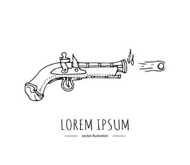 Hand drawn doodle Pirates related icon -old style gun with flying bullet. Vector illustration Cartoon piracy concept. Gun revolver handgun Shooter pistol drawing  Sketch in a vintage retro style