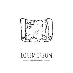 Hand drawn doodle Pirates related icon - Treasure map. Vector illustration Cartoon piracy concept symbol Cartoon element Pirate Treasure map, chest, Compass 