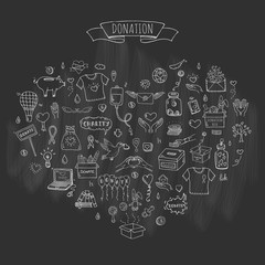Hand drawn doodle Donation icons set. Vector illustration. Charity symbols collection Cartoon donate sketch elements: blood donation, box, heart, money jar, care, help, gift, giving hand, fund raising