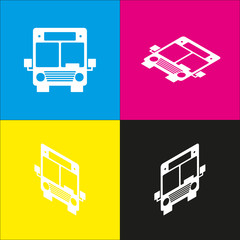 Bus sign illustration. Vector. White icon with isometric projections on cyan, magenta, yellow and black backgrounds.