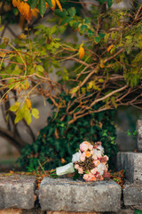 Wedding bouquet on a stone background. Wedding in Montenegro