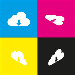 Cloud technology sign. Vector. White icon with isometric projections on cyan, magenta, yellow and black backgrounds.