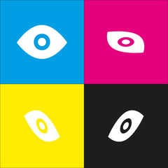 Eye sign illustration. Vector. White icon with isometric projections on cyan, magenta, yellow and black backgrounds.