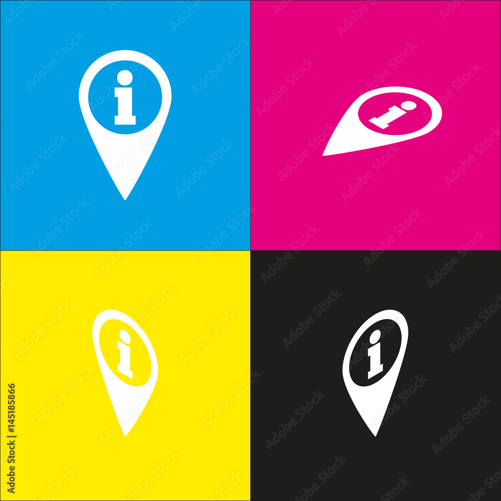 Poster map pointer with information sign. vector. white icon with isometric projections on cyan, magenta, y