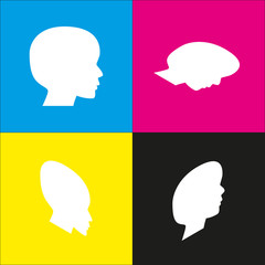 People head sign. Vector. White icon with isometric projections on cyan, magenta, yellow and black backgrounds.