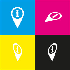 Map pointer with information sign. Vector. White icon with isometric projections on cyan, magenta, yellow and black backgrounds.