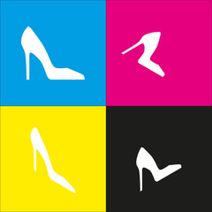 Woman shoe sign. Vector. White icon with isometric projections on cyan, magenta, yellow and black backgrounds.