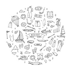 Hand drawn doodle Water sports icons set. Vector illustration, isolated symbols collection, Cartoon various elements: jetski, wakeboard, waterski, surfing, kayak, kitesurfing, paddle, parasailing