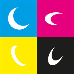 Fototapeta na wymiar Moon sign illustration. Vector. White icon with isometric projections on cyan, magenta, yellow and black backgrounds.